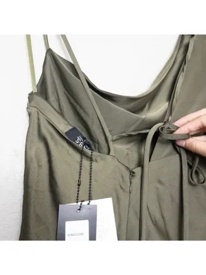 NWT ABS Allen Schwartz Everly Satin Drape Dress 2 Olive Green Slit One Shoulder thumbnail 11