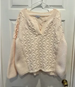 Petal Dew Womens‎ Cable Knit Split V-Neck Sweater Pale Peach Cream Size L Hygge thumbnail 1