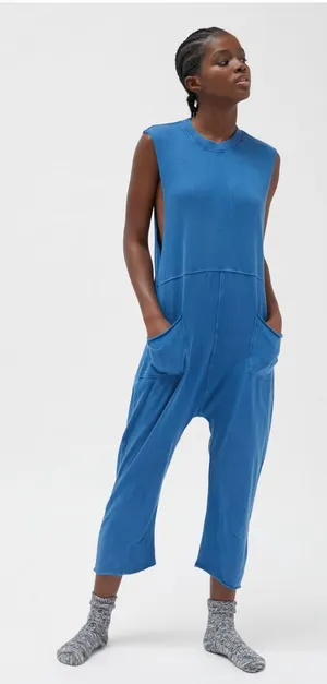 Out From Under Austin Sleeveless Blue Keyhole Back cotton loose fit Jumpsuit thumbnail 1