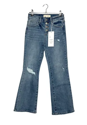 Risen Button Fly Cropped Flare Jeans Size 25 Distressed Light Wash Denim thumbnail 1