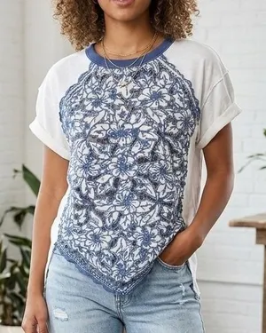 Free People Womens Top White Blue S Floral Boho Short Sleeve Relaxed Tunic thumbnail 1