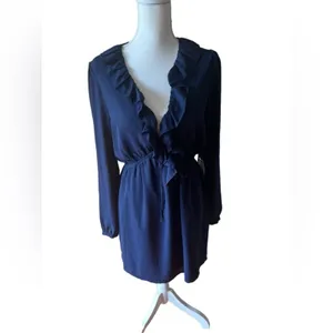 Revolve Navy Ruffle V-Neck Long Sleeve Mini Dress Wedding Guest S NWT thumbnail 2