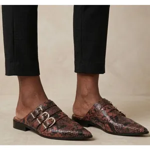 Joie Cabery Rouge Snake Embossed Leather Triple Buckle Mules Pointed Toe 35.5 thumbnail 1