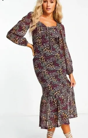 ASOS The Frolic Square Neck Midi Tea Dress With Mesh Sleeves Ditsy Floral Size 6 thumbnail 1