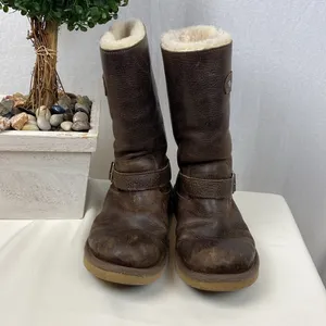 Ugg Brown Leather 5678 Kensington Biker Moto Fleece Lined Calf Height Boots 7 thumbnail 2