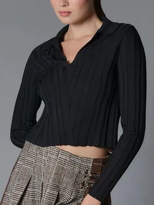 Maeve Anthropologie Black Ribbed Long Sleeve Polo Medium thumbnail 1