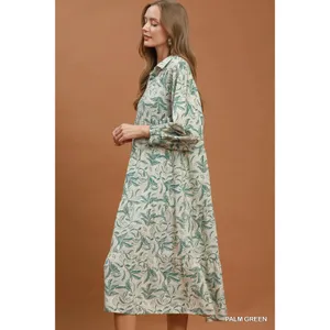 Umgee Linen Botanical Print Tiered Midi Dress - Palm Green - Small thumbnail 2