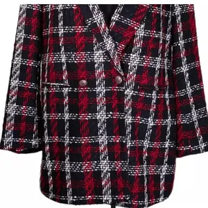 ZARA Overside Plaid Front Double Breasted Tweed Blazer Button Lined M Black Red thumbnail 6