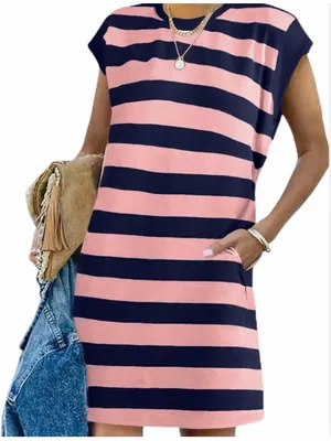 NEW Crewneck Loose Cap Sleeve Color Block Striped Tshirt Dress Pockets XL thumbnail 1