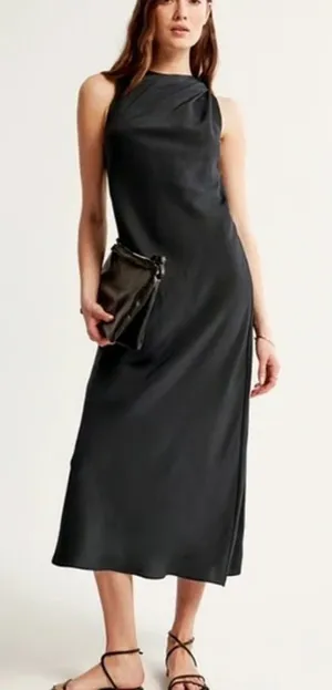 Abercrombie & Fitch High-Neck Column Midi Shift Dress Navy Blue Modal Blend Sz S thumbnail 1