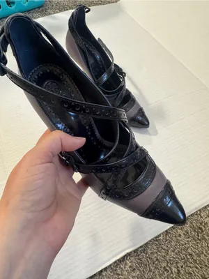 Tory Burch Judith Black Grey Leather Strappy Stiletto Heels Womens 6.5 Pointed thumbnail 8