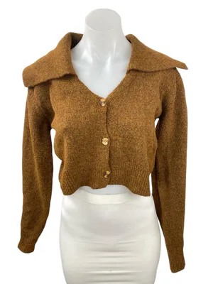 Commense Womens Brown Knit Long Sleeve Button Down Crop Cardigan Sweater Top S thumbnail 1