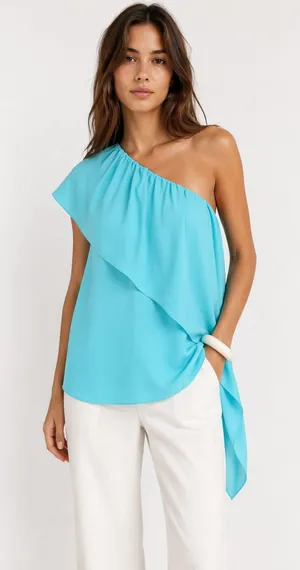 Trina Turk One Shoulder Ruffle Top Blue Asymmetrical Blouse M Resort Chic Spring thumbnail 1
