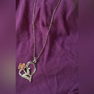Sterling Silver Heart Necklace with Rose Gold Rose Accent 🌟 thumbnail 2