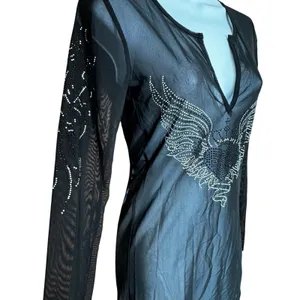 Sheer Long Sleeve Rhinestone Heart Angel Wings Y2K‎ Small Biker Fairy Goth thumbnail 3