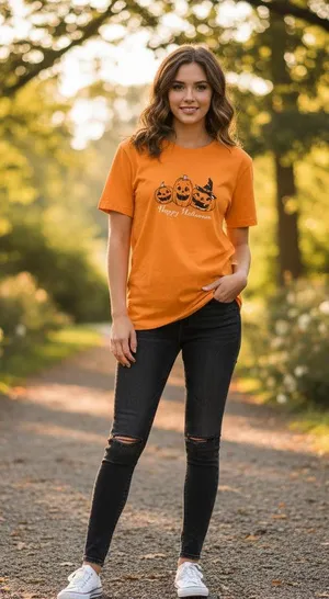 Women's Orange Black Halloween Pumpkin Print Short Sleeve Tee L thumbnail 1