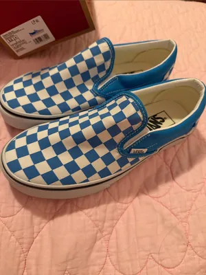 Vans Kids or Woman’s Slip-On Checkerboard Sneakers — Blue & White thumbnail 3