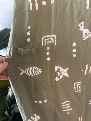 Vintage linen Olive Green Short Sleeve Dress with White Print & apron pockets L thumbnail 4