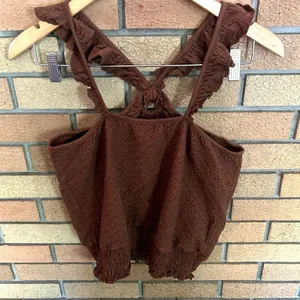 Anthropologie Marisol Ruffled Halter Top‎ Textured Brown Medium Summer Stretchy thumbnail 4