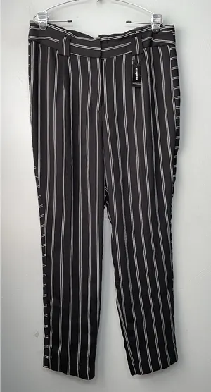 Express High Waist Pants Size 14 Black White Striped Pleated Paperbag Trouser thumbnail 1