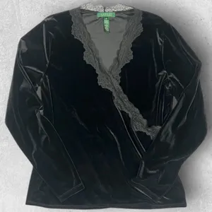 Lauren Ralph Lauren Womens Velvet Velour Lace Trim Top XL Black Whimsigoth Vamp thumbnail 1