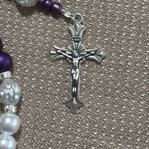 Handmade Rosary. TCU. Painted glass beads and metal alloy and plastic pieces. thumbnail 2