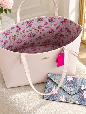 Betsey Johnson Very Light Pink Tote Bag Gray Floral Pouch NWT thumbnail 3