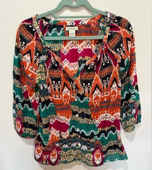 Lucky Brand Bohemian Top Button Down‎ S Peasant Blouse Multicolor Boho Southwest thumbnail 1