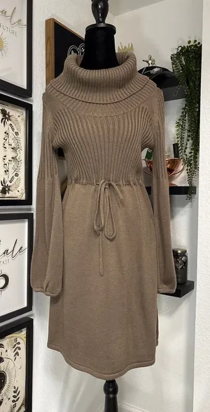 Calvin Klein Cowl Neck Sweater Dress Womens M Medium Taupe Brown Knit Tie Waist thumbnail 1