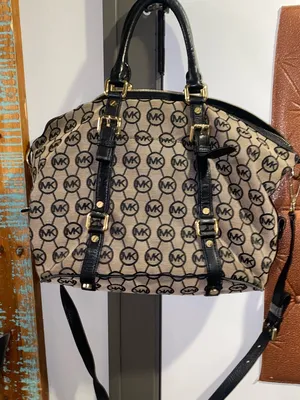 Michael Kors Black and Beige MK Monogram Satchel with Crossbody Strap thumbnail 8