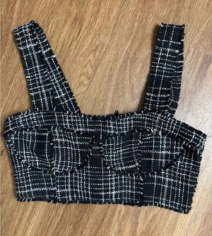 H&M Black White Tweed Plaid Bustier Crop Top Sleeveless Frayed Edges Small‎ y2k thumbnail 1