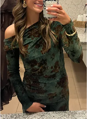 SheIn Silquee Green Flocked Floral Off-Shoulder Ruched Long Sleeve Elegant Maxi Dress thumbnail 9