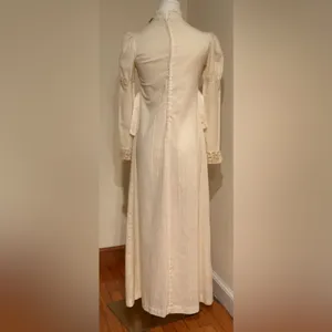 1970’s Prairie-Style Delicate Vintage Cream Puff Sleeves high neck bodice, waist thumbnail 3