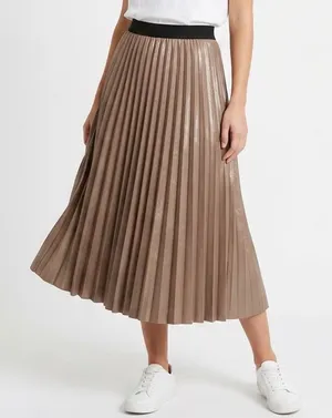 Taupe Bronze Metallic Pleated Midi Skirt Black Elastic Waist Small Accordion thumbnail 1