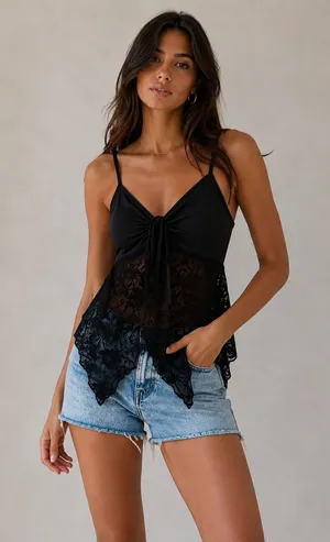 Avidlove Womens Y2K Black Lace Cami Top Fairy Grunge Handkerchief Hem thumbnail 1