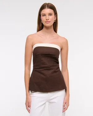 Abercrombie and Fitch AnF Dark Brown White Beige Linen Blend Tube Top Blouse thumbnail 3