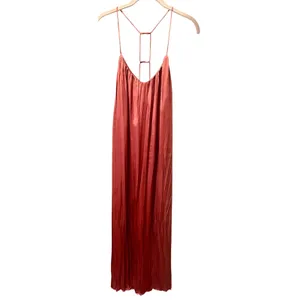 Zara Boho Rust Crinkle Satin Pleated Maxi Dress Cross Ladder Back Maroon Small thumbnail 3