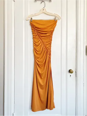 Anthropologie • The Gabbie Strapless Ruched Tube Dress jersey knit Mango orange thumbnail 3
