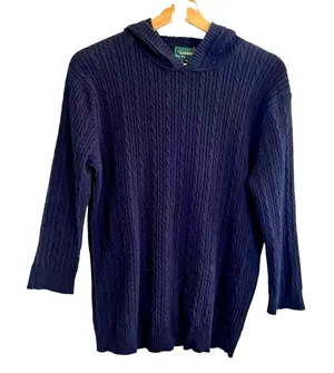Lauren Ralph Lauren Womens Cable Knit Hooded Sweater Sz XL Navy Preppy Old Money thumbnail 1