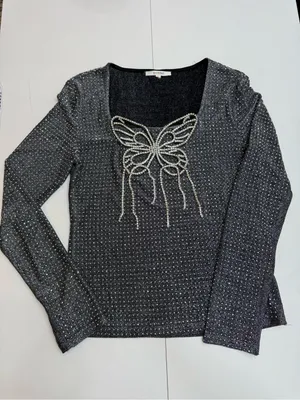 Pastel Rhinestone Butterfly Glitter Long Sleeve Evening Top size L thumbnail 6