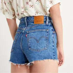 LEVI’S Ribcage Denim Shorts High Rise Button Fly Distressed Raw Hem Size 24 thumbnail 2