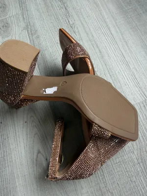 Rhinestone Block Heel Sandals Ankle Strap Brown Nude Sparkly Dress Heels thumbnail 5