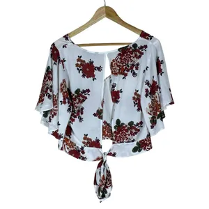 Express Floral Flutter Sleeve Tie Back Crop Top White Red Orange Size M thumbnail 4