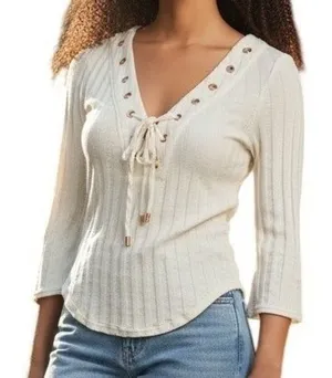 FREE PEOPLE Ivory Ribbed Lace Up Grommet V-Neck 3/4‎ Sleeve Top Size XS thumbnail 1