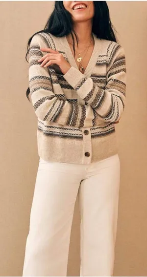 Faherty Cream Striped V-Neck Button Front Cardigan thumbnail 1