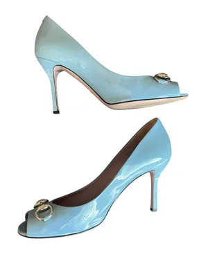 Gucci Women’s Silver Horsebit Light Blue Patent Leather Peep Toe Heels Size 39 thumbnail 6