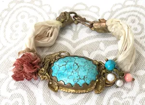 GYPSY Bohemian Turquoise /Brass/Silk Bracelet thumbnail 1
