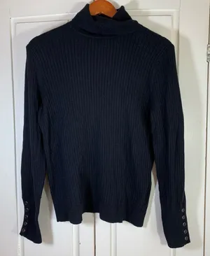 Talbots Womens Black Ribbed‎ Turtleneck Sweater Button Cuff Cotton Blend Size L thumbnail 1