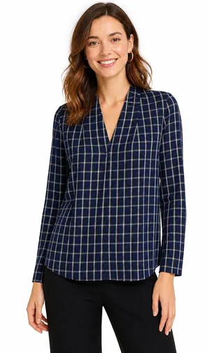 Aritzia Babaton Power Blouse Small S Navy‎ Blue Cream Check Plaid V-Neck Career thumbnail 1