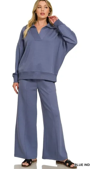 Zenana Scuba Collared‎ Pullover & Center Seam Pants Set - Blue Indigo - Medium thumbnail 1